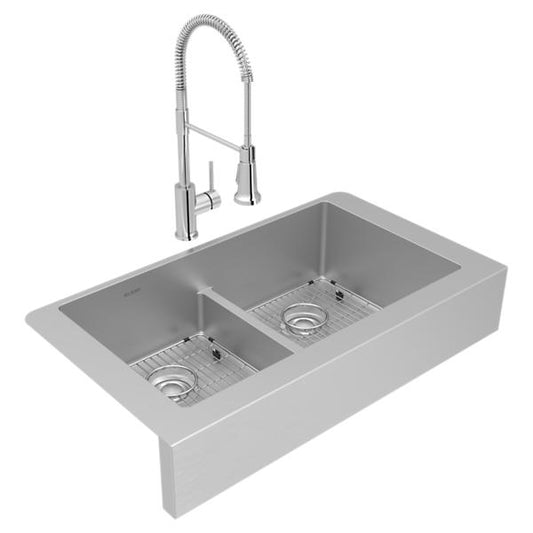 Elkay ECTRUFA32179FBC Crosstown® 18 Gauge Stainless Steel 35-7/8" x 20-1/4" x 9" Equal Double Bowl Farmhouse Sink & Faucet Kit with Aqua Divide & Bottom Grid & Drain