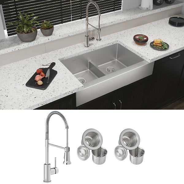 Elkay ECTRUFA32179FCC Crosstown® 18 Gauge Stainless Steel 35-7/8" x 20-1/4" x 9" Equal Double Bowl Farmhouse Sink & Faucet Kit with Aqua Divide & Drain