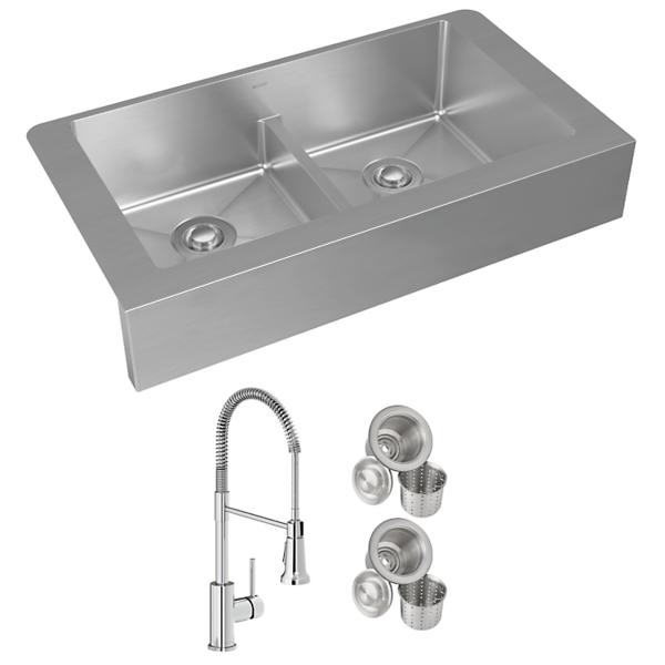 Elkay ECTRUFA32179FCC Crosstown® 18 Gauge Stainless Steel 35-7/8" x 20-1/4" x 9" Equal Double Bowl Farmhouse Sink & Faucet Kit with Aqua Divide & Drain