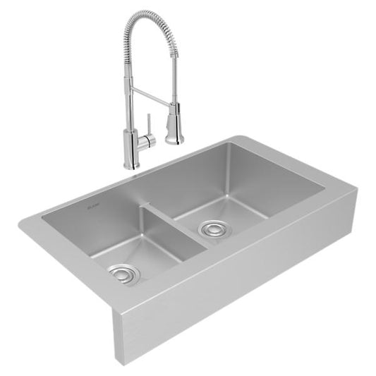 Elkay ECTRUFA32179FCC Crosstown® 18 Gauge Stainless Steel 35-7/8" x 20-1/4" x 9" Equal Double Bowl Farmhouse Sink & Faucet Kit with Aqua Divide & Drain