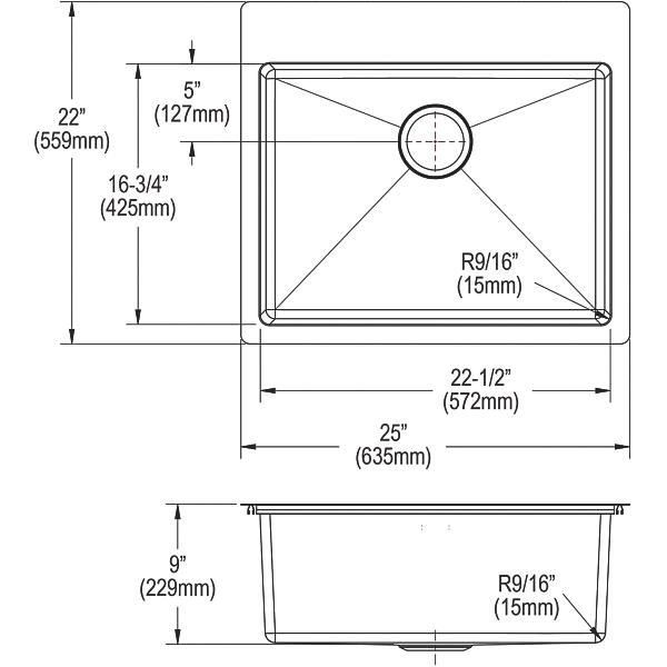 Elkay ECTSR25229TBG Crosstown 18 Gauge Stainless Steel 25" x 22" x 9" Single Bowl Dual Mount Sink Kit