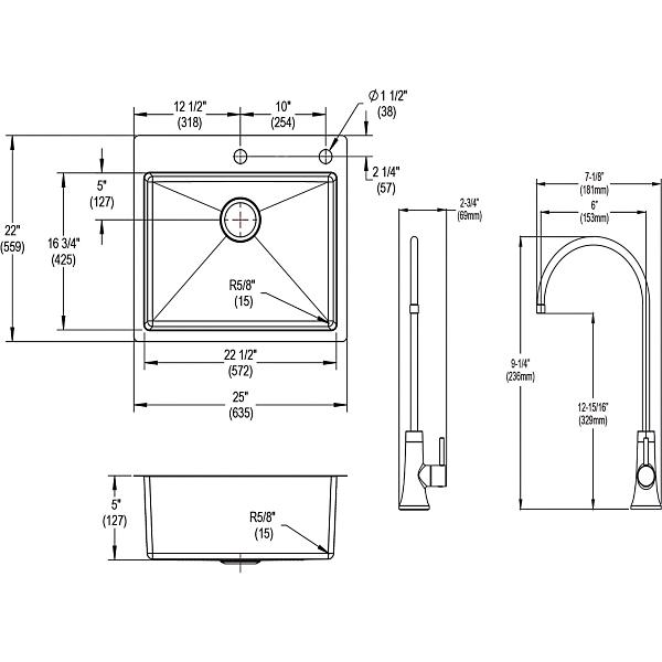 Elkay ECTSR25229TFGB Crosstown® 18 Gauge Stainless Steel 25" x 22" x 9" Single Bowl Dual Mount Sink Kit with Filtered Beverage Faucet