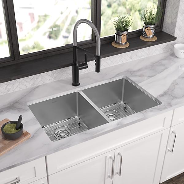 Elkay ECTSR33229TBG Crosstown 18 Gauge Stainless Steel 33" x 22" x 9" Equal Double Bowl Dual Mount Sink Kit