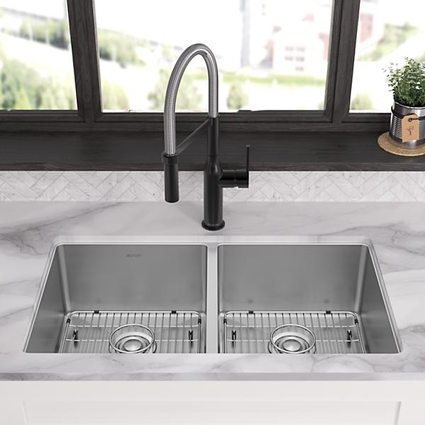 Elkay ECTSR33229TBG Crosstown 18 Gauge Stainless Steel 33" x 22" x 9" Equal Double Bowl Dual Mount Sink Kit