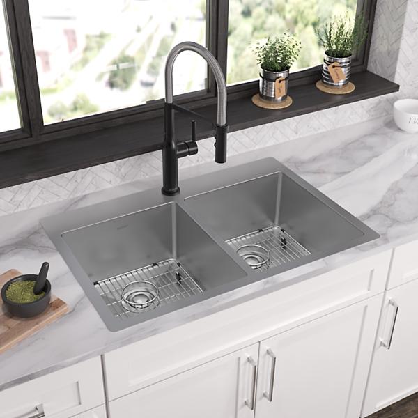 Elkay ECTSR33229TBG Crosstown 18 Gauge Stainless Steel 33" x 22" x 9" Equal Double Bowl Dual Mount Sink Kit