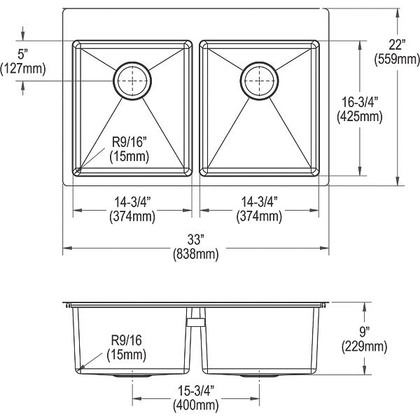 Elkay ECTSR33229TBG Crosstown 18 Gauge Stainless Steel 33" x 22" x 9" Equal Double Bowl Dual Mount Sink Kit