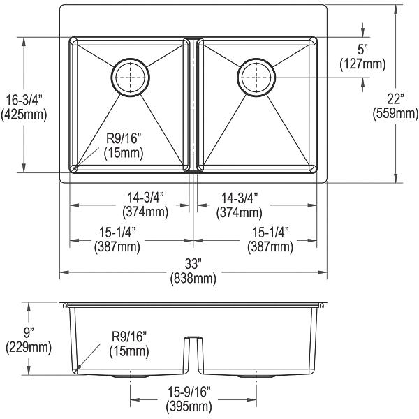 Elkay ECTSRA33229TBG Crosstown 18 Gauge Stainless Steel 33" x 22" x 9" Equal Double Bowl Dual Mount Sink Kit with Aqua Divide