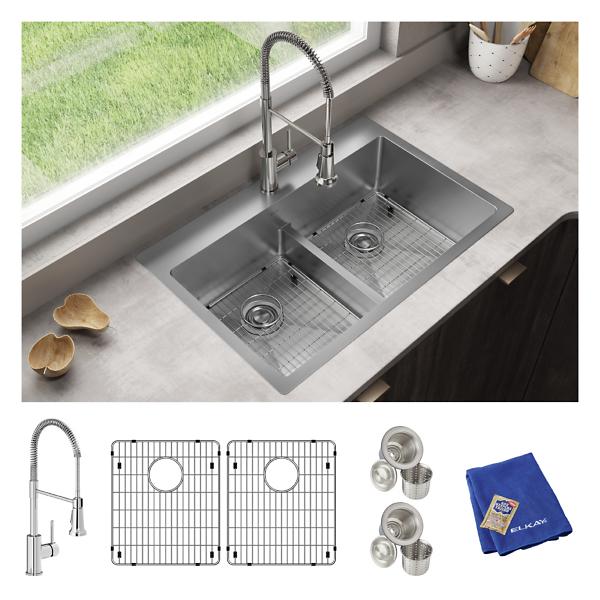 Elkay ECTSRA33229TFC Crosstown® 18 Gauge Stainless Steel 33" x 22" x 9" 1-Hole Equal Double Bowl Dual Mount Sink Kit with Aqua Divide and Faucet