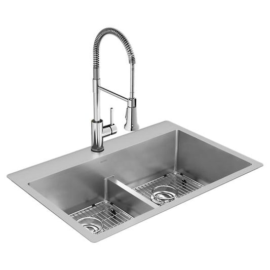 Elkay ECTSRA33229TFC Crosstown® 18 Gauge Stainless Steel 33" x 22" x 9" 1-Hole Equal Double Bowl Dual Mount Sink Kit with Aqua Divide and Faucet