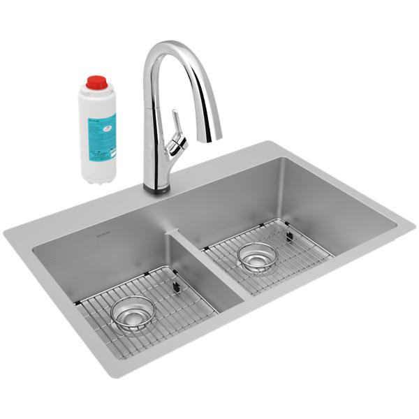 Elkay ECTSRA33229TFLC Crosstown® 18 Gauge Stainless Steel 33" x 22" x 9" Equal Double Bowl Dual Mount Sink Kit with Filtered Faucet with Aqua Divide