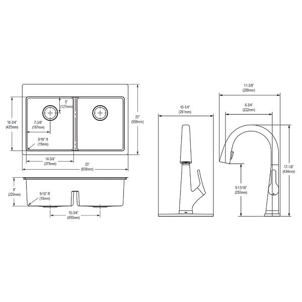 Elkay ECTSRA33229TFLC Crosstown® 18 Gauge Stainless Steel 33" x 22" x 9" Equal Double Bowl Dual Mount Sink Kit with Filtered Faucet with Aqua Divide