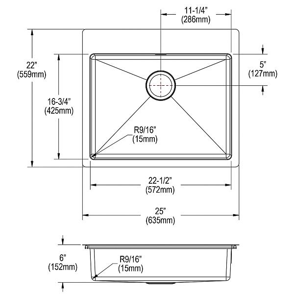 Elkay ECTSRAD252260 Crosstown® 18 Gauge Stainless Steel 25" x 22" x 6" Single Bowl Dual Mount ADA Sink