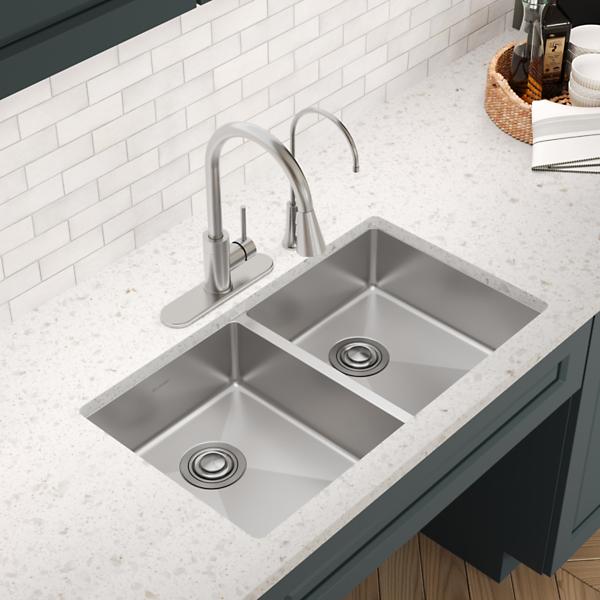 Elkay ECTSRAD3322602 Crosstown® 18 Gauge Stainless Steel 33" x 22" x 6", Equal 2-Hole Double Bowl Dual Mount ADA Sink