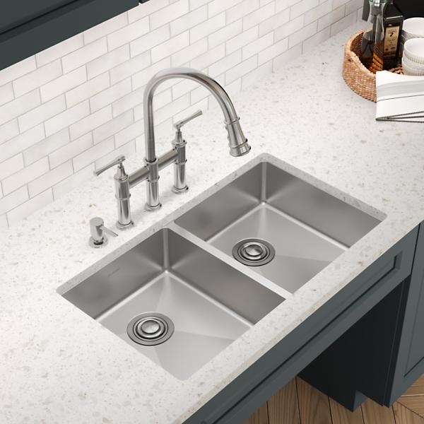 Elkay ECTSRAD3322604 Crosstown® 18 Gauge Stainless Steel 33" x 22" x 6", Equal 4-Hole Double Bowl Dual Mount ADA Sink