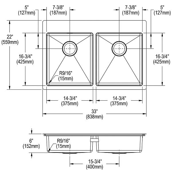 Elkay ECTSRAD3322602 Crosstown® 18 Gauge Stainless Steel 33" x 22" x 6", Equal 2-Hole Double Bowl Dual Mount ADA Sink