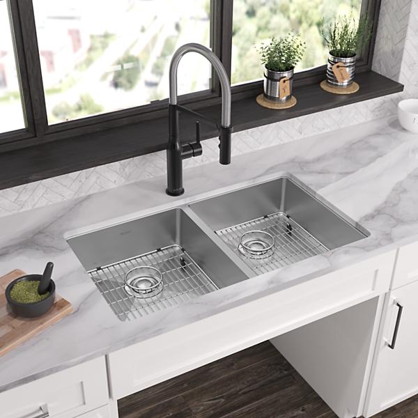 Elkay ECTSRAD33226TBG Crosstown 18 Gauge Stainless Steel 33" x 22" x 6" Equal Double Bowl Dual Mount ADA Sink Kit