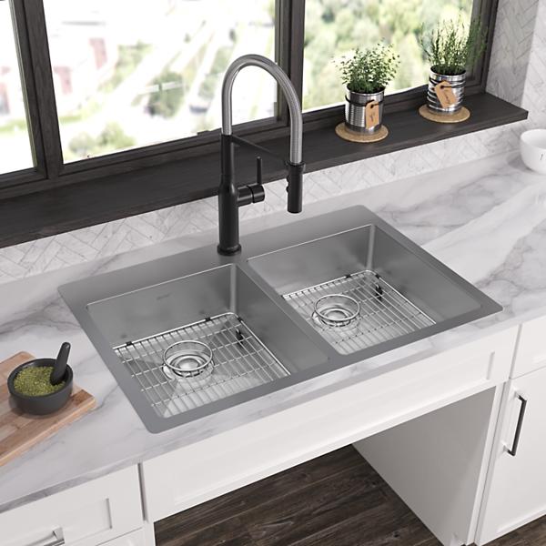 Elkay ECTSRAD33226TBG Crosstown 18 Gauge Stainless Steel 33" x 22" x 6" Equal Double Bowl Dual Mount ADA Sink Kit