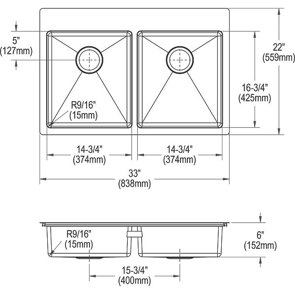 Elkay ECTSRAD33226TBG Crosstown 18 Gauge Stainless Steel 33" x 22" x 6" Equal Double Bowl Dual Mount ADA Sink Kit