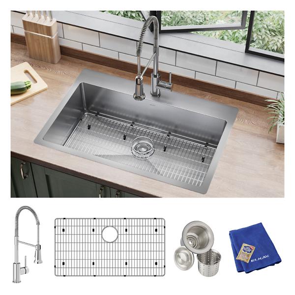 Elkay ECTSRS33229TFC Crosstown® 18 Gauge Stainless Steel 33" x 22" x 9" 1-Hole Single Bowl Dual Mount Sink Kit with Faucet