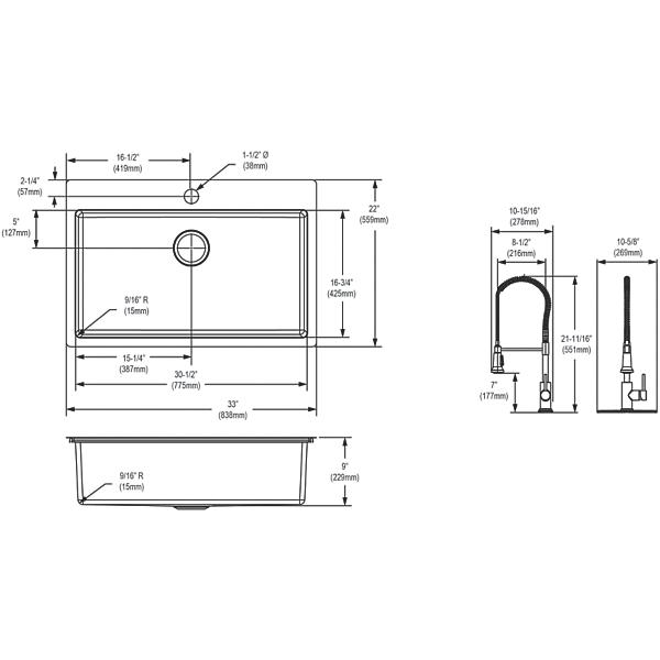 Elkay ECTSRS33229TFC Crosstown® 18 Gauge Stainless Steel 33" x 22" x 9" 1-Hole Single Bowl Dual Mount Sink Kit with Faucet