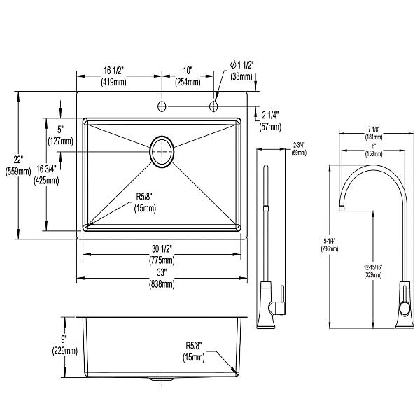 Elkay ECTSRS33229TFGB Crosstown® 18 Gauge Stainless Steel 33" x 22" x 9" Single Bowl Dual Mount Sink Kit with Filtered Beverage Faucet