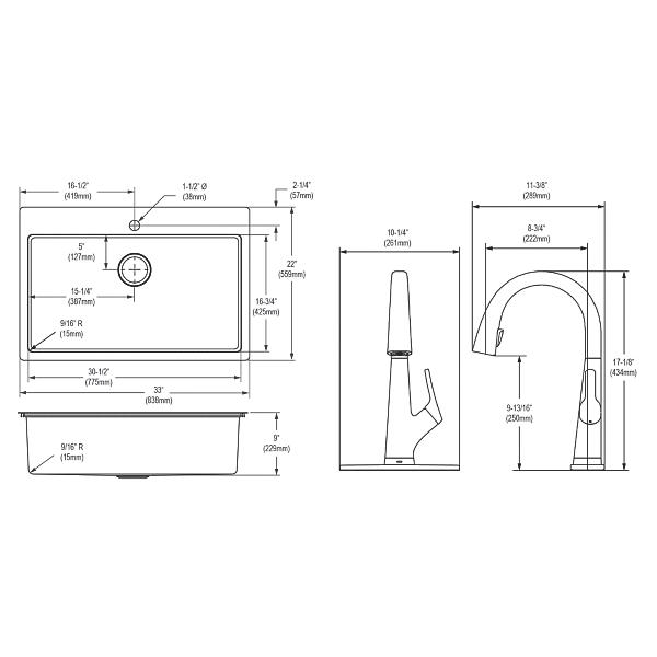 Elkay ECTSRS33229TFLC Crosstown® 18 Gauge Stainless Steel 33" x 22" x 9" Single Bowl Dual Mount Sink Kit with Filtered Faucet