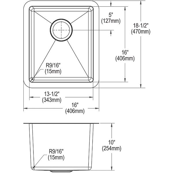 Elkay EFRU131610T Crosstown® 16 Gauge Stainless Steel 16" x 18-1/2" x 10" Single Bowl Undermount Sink