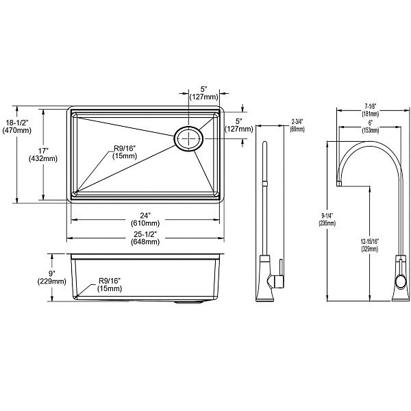 Elkay EFRU24169RTFGW Crosstown® 16 Gauge Workstation Stainless Steel 25-1/2" x 18-1/2" x 9" Single Bowl Undermount Sink Kit with Filtered Beverage Faucet