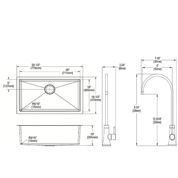 Elkay EFRU281610TFG Crosstown® 16 Gauge Stainless Steel 30-1/2" x 18-1/2" x 10" Single Bowl Undermount Sink Kit with Filtered Beverage Faucet