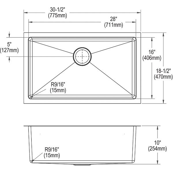 Elkay EFRU281610TC Crosstown® 16 Gauge Stainless Steel 30-1/2" x 18-1/2" x 10" Single Bowl Undermount Sink Kit