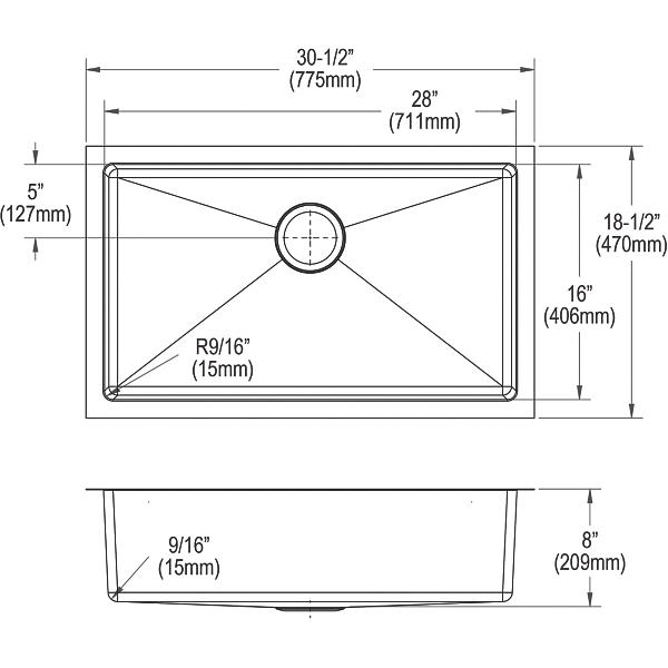 Elkay EFRU2816T Crosstown® 16 Gauge Stainless Steel 30-1/2" x 18-1/2" x 8" Single Bowl Undermount Sink