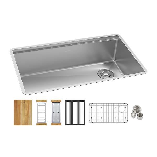 Elkay EFRU30169RTWC Crosstown® 16 Gauge Workstation Stainless Steel, 31-1/2" x 18-1/2" x 9" Single Bowl Undermount Sink Kit