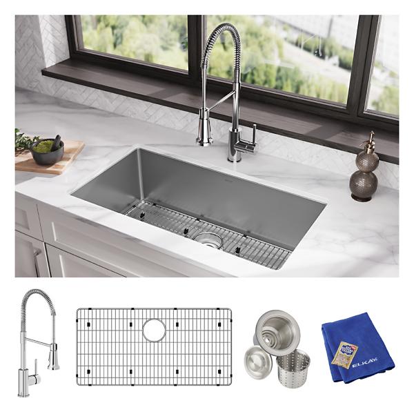 Elkay EFRU311610TFC Crosstown® 16 Gauge Stainless Steel 32-1/2" x 18" x 10" Single Bowl Undermount Sink Kit with Faucet