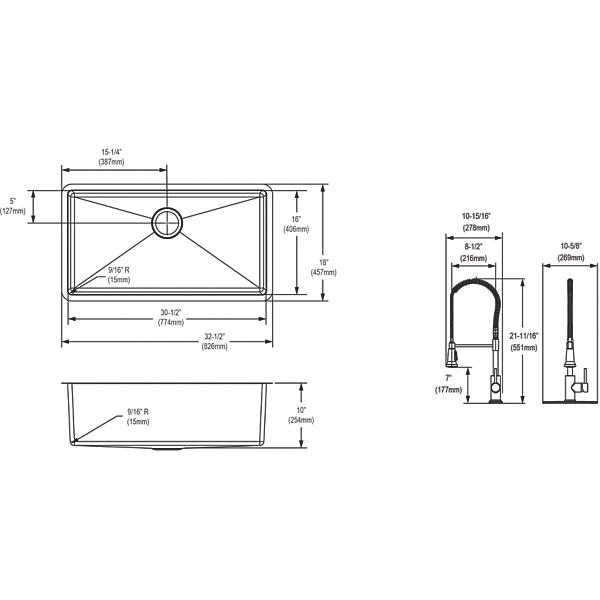 Elkay EFRU311610TFC Crosstown® 16 Gauge Stainless Steel 32-1/2" x 18" x 10" Single Bowl Undermount Sink Kit with Faucet