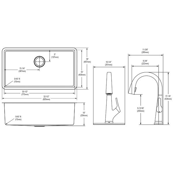 Elkay EFRU311610TFLC Crosstown® 16 Gauge Stainless Steel 32-1/2" x 18" x 10" Single Bowl Undermount Sink Kit with Filtered Faucet