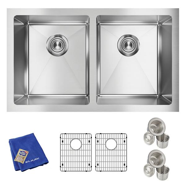 Elkay EFRU311810TC Crosstown® 16 Gauge Stainless Steel 30-3/4" x 18-1/2" x 10" Equal Double Bowl Undermount Sink Kit