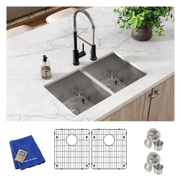 Elkay EFRU311810TC Crosstown® 16 Gauge Stainless Steel 30-3/4" x 18-1/2" x 10" Equal Double Bowl Undermount Sink Kit