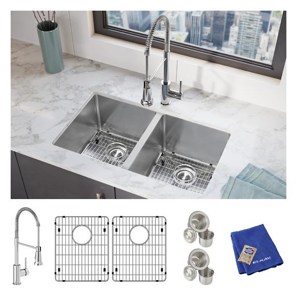 Elkay EFRU311810TFC Crosstown® 16 Gauge Stainless Steel 30-3/4" x 18-1/2" x 10" Equal Double Bowl Undermount Sink Kit with Faucet