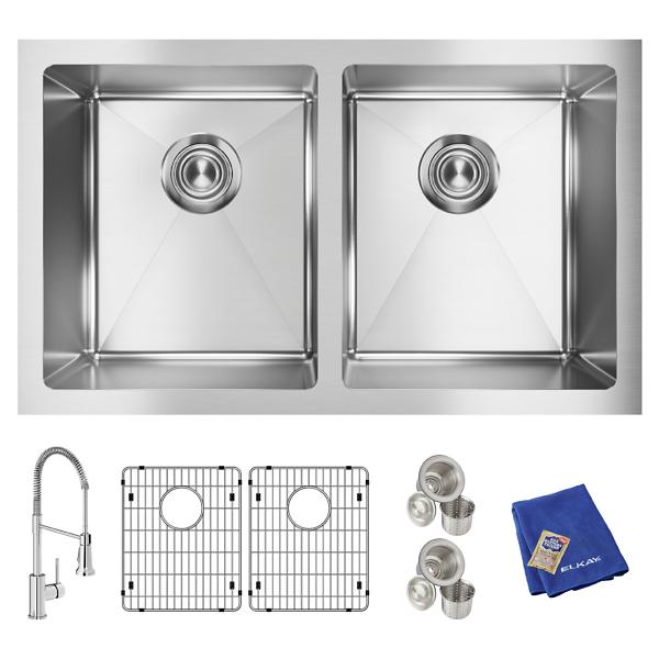 Elkay EFRU311810TFC Crosstown® 16 Gauge Stainless Steel 30-3/4" x 18-1/2" x 10" Equal Double Bowl Undermount Sink Kit with Faucet