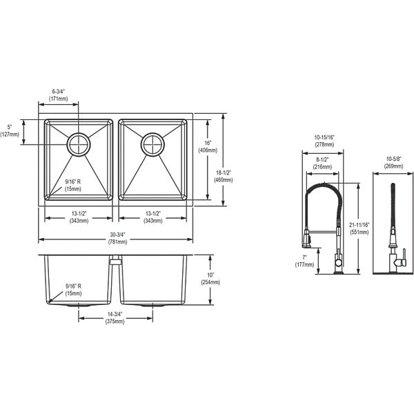 Elkay EFRU311810TFC Crosstown® 16 Gauge Stainless Steel 30-3/4" x 18-1/2" x 10" Equal Double Bowl Undermount Sink Kit with Faucet