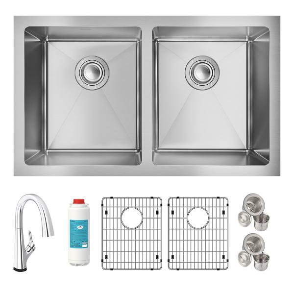 Elkay EFRU311810TFLC Crosstown® 16 Gauge Stainless Steel 30-3/4" x 18-1/2" x 10" Equal Double Bowl Undermount Sink Kit with Filtered Faucet