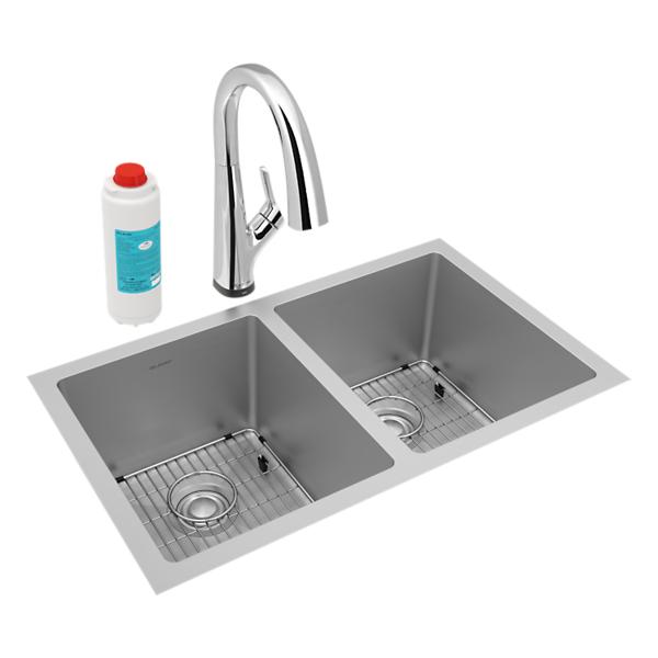 Elkay EFRU311810TFLC Crosstown® 16 Gauge Stainless Steel 30-3/4" x 18-1/2" x 10" Equal Double Bowl Undermount Sink Kit with Filtered Faucet