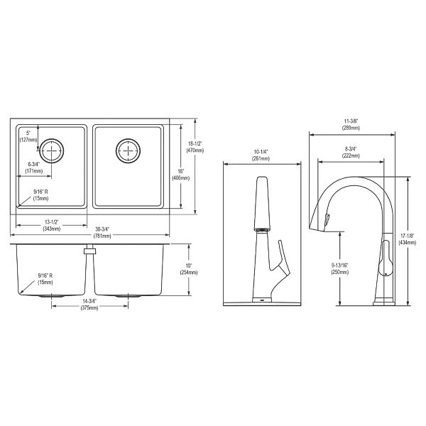 Elkay EFRU311810TFLC Crosstown® 16 Gauge Stainless Steel 30-3/4" x 18-1/2" x 10" Equal Double Bowl Undermount Sink Kit with Filtered Faucet