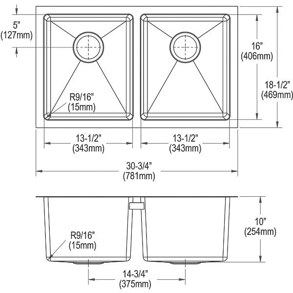 Elkay EFRU311810T Crosstown® 16 Gauge Stainless Steel 30-3/4" x 18-1/2" x 10" Equal Double Bowl Undermount Sink