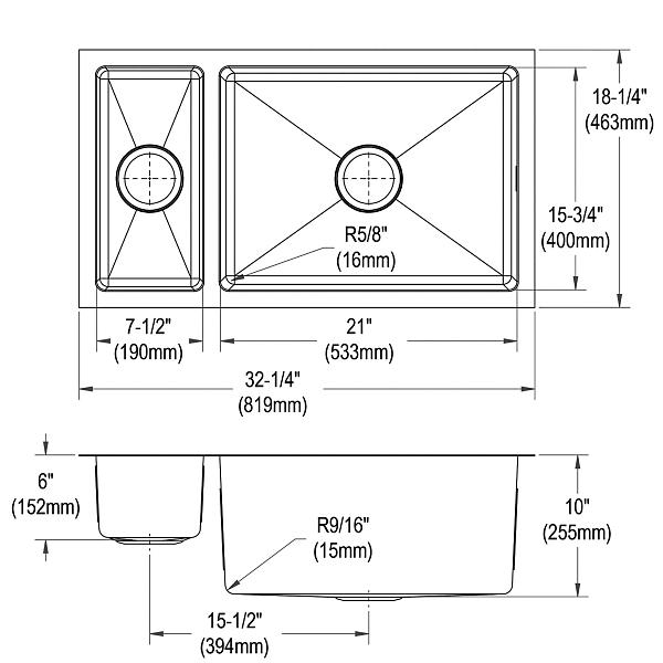 Elkay EFRU321910T Crosstown® 16 Gauge Stainless Steel 32-1/4" x 18-1/4" x 10" 30/70 Double Bowl Undermount Sink