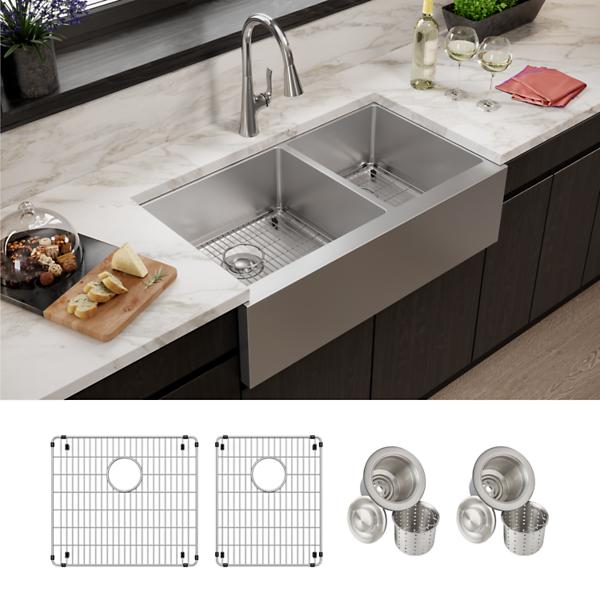 Elkay EFRUFF23417DBG Crosstown® 16 Gauge Stainless Steel 35-7/8" x 20-1/4" x 9" Double Bowl Tall Farmhouse Sink Kit