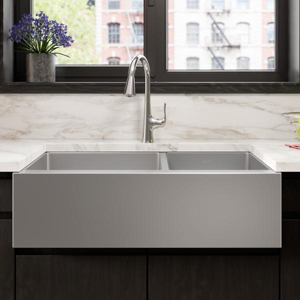 Elkay EFRUFF23417DBG Crosstown® 16 Gauge Stainless Steel 35-7/8" x 20-1/4" x 9" Double Bowl Tall Farmhouse Sink Kit