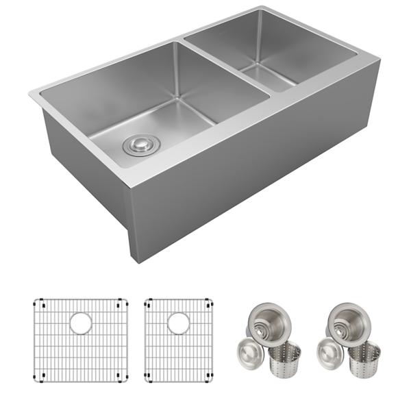 Elkay EFRUFF23417DBG Crosstown® 16 Gauge Stainless Steel 35-7/8" x 20-1/4" x 9" Double Bowl Tall Farmhouse Sink Kit