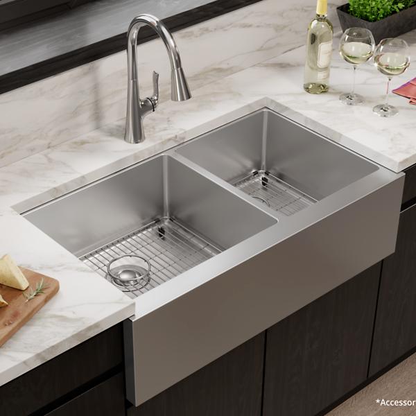 Elkay EFRUFF23417 Crosstown® 16 Gauge Stainless Steel 35-7/8" x 20-1/4" x 9" Double Bowl Tall Farmhouse Sink