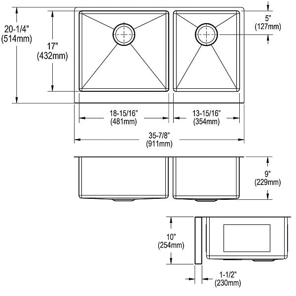 Elkay EFRUFF23417 Crosstown® 16 Gauge Stainless Steel 35-7/8" x 20-1/4" x 9" Double Bowl Tall Farmhouse Sink